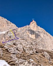 Annotated overview of the approach and descent between Rifugio Roda di Vael and Torre Finestra.