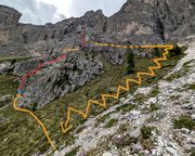 Annotated overview of the Via Rododendri approach and descent paths on Piccola Torre.