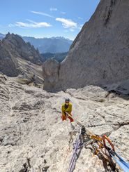 Rappelling from Torre Piaz toward Via Fehrmann