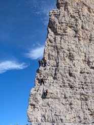 Traffic jam of climbers on Torre Delago