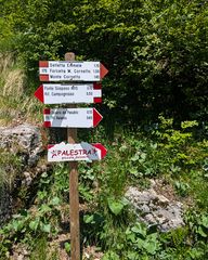 Wooden signpost on Strada del Re pointing to the Piccole Dolomiti crag