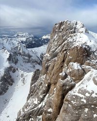 Punta Rocca (3,309 m), the skiable summit of Marmolada, with the cable car station below.