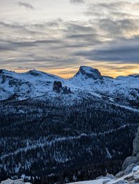 Cinque Torri rock towers viewed from a distance above Cortina d'Ampezzo