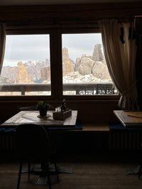 Cinque Torri view from inside the Rifugio Scoiattoli