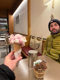 Interior of Da Po' gelateria in Cortina with café seating and gelato counter