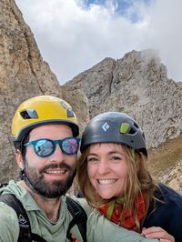 Close-up of us on the Torre Edwards summit with Roda di Vael behind.