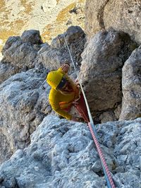 Looking up at the pitch two crux on Via del Gracchio, the classic Roda di Vael trad climb.