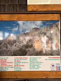 Wall of Roda di Vael climbing topos covering classic Dolomites routes.
