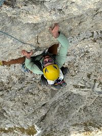 Top-down view of the final Via del Gracchio pitch high on Roda di Vael.