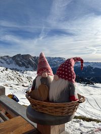 Cute dwarf artwork with Dolomite views from the Troier Hütte sun deck, Seceda.