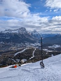 Black 51 advanced steep ski slope descending from Ra Valles gondola area above Cortina d'Ampezzo, Tofana ski area, Italian Dolomites