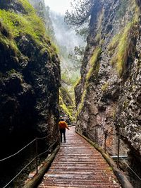 Wooden log bridge on the slippery descent back to Tschafon Hut