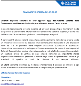 Dolomiti Superski press release dated 7 August 2026 announcing the AGCM case outcome and valley skipass refunds or discounts.