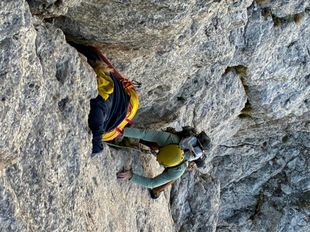 David and Daysi stemming up pitch three of Via del Gracchio on Torre Edwards.