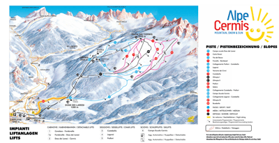 Winter map of the slopes of the Alpe Cermis resort in Cavalese.
