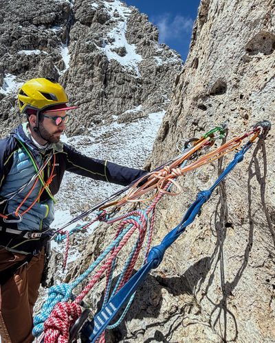 Modern bolted anchor at the first belay station.
