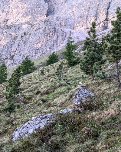 Stone cairn marking the meadow approach trail below Piccola Torre.