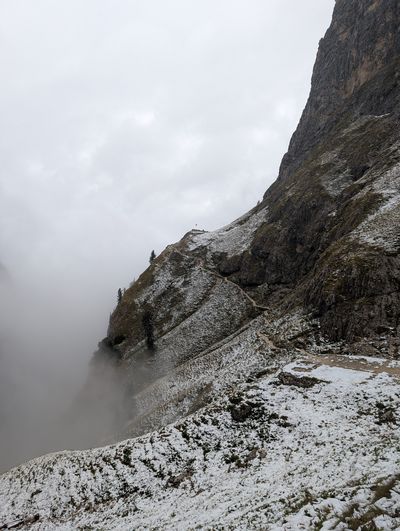 Snow-covered descent trail from Rifugio Bergamo.