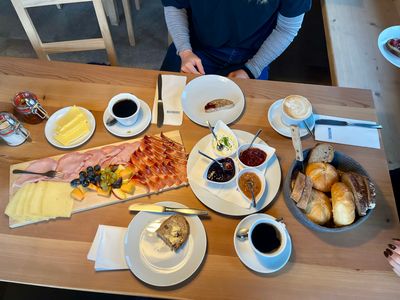 Breakfast spread served at Tschafon Hut.