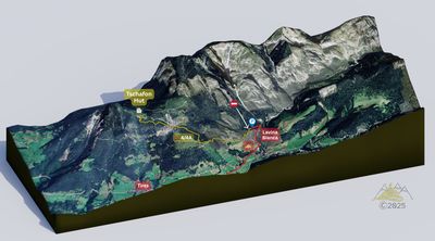 Annotated route map for hiking from Lavina Bianca to Tschafon Hut.