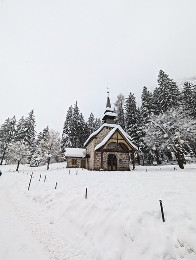 Historic church at Lago di Braies in the Dolomites