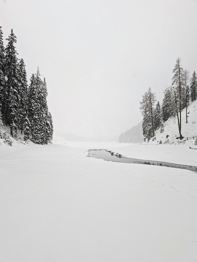 Lago di Braies in the Dolomites during winter