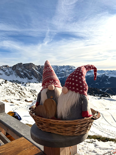 Dwarf art sculpture at Troier Hütte on Seceda in Val Gardena