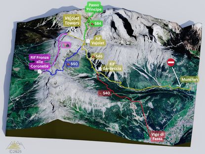 Annotated approach map showing the different routes to the Vajolet Towers