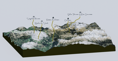 Overview map of Val di Fassa showing our three objectives