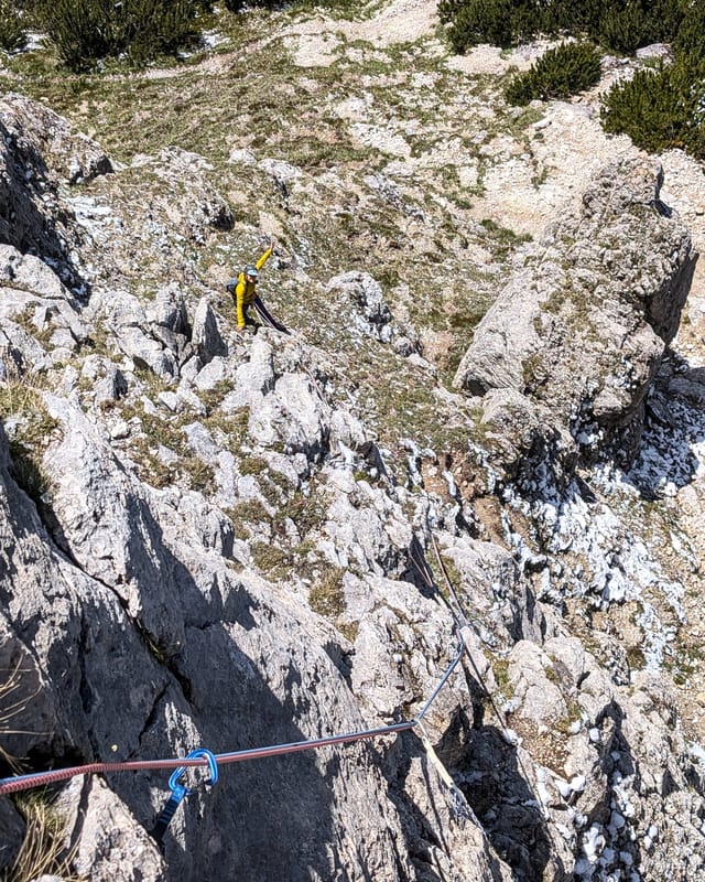 Climber following pitch two on the Via Rodeo ridge.