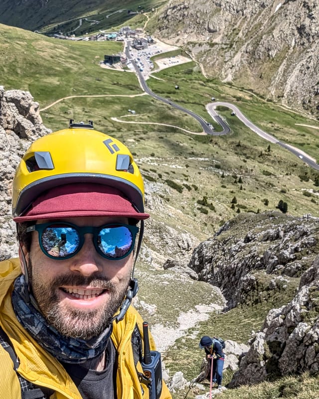 Rappel route down the grassy channel above Passo Pordoi on Via Rodeo.