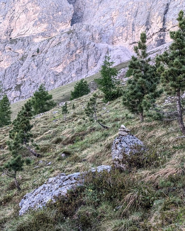 Stone cairn marking the meadow approach trail below Piccola Torre.