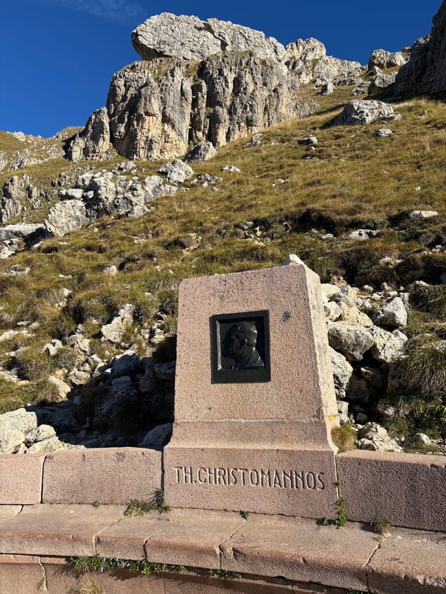 Theodor Christomannos memorial beside Trail 549 between Paolina and Roda di Vael.