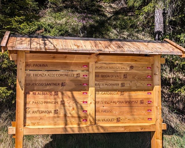 Info board in Costalunga listing open and closed Catinaccio huts.
