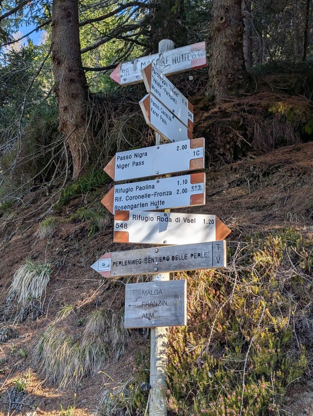 First trail fork above Costalunga parking for Paolina or Roda di Vael.