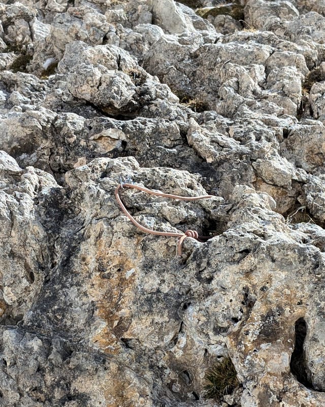 Sling marking the start of Via Spigolo Sud on the south ridge.