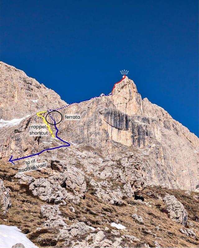 Annotated overview of the approach and descent between Rifugio Roda di Vael and Torre Finestra.