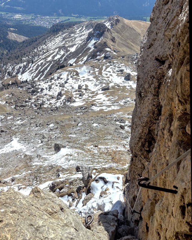 Upper via ferrata section below the ladder on the approach.