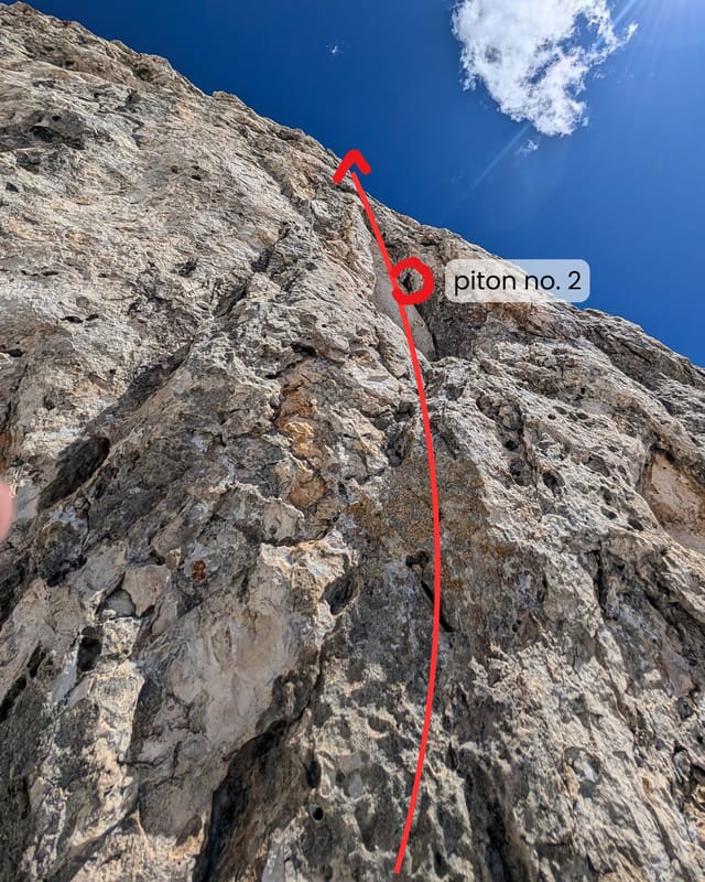 Upper section of pitch two above the pitons.