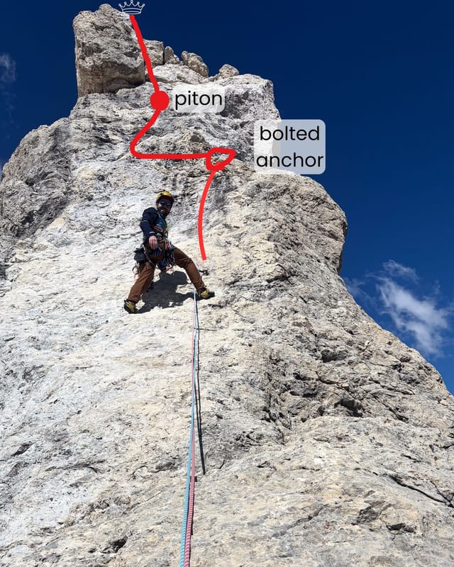 Piton halfway along the easy upper ridge on pitch three.