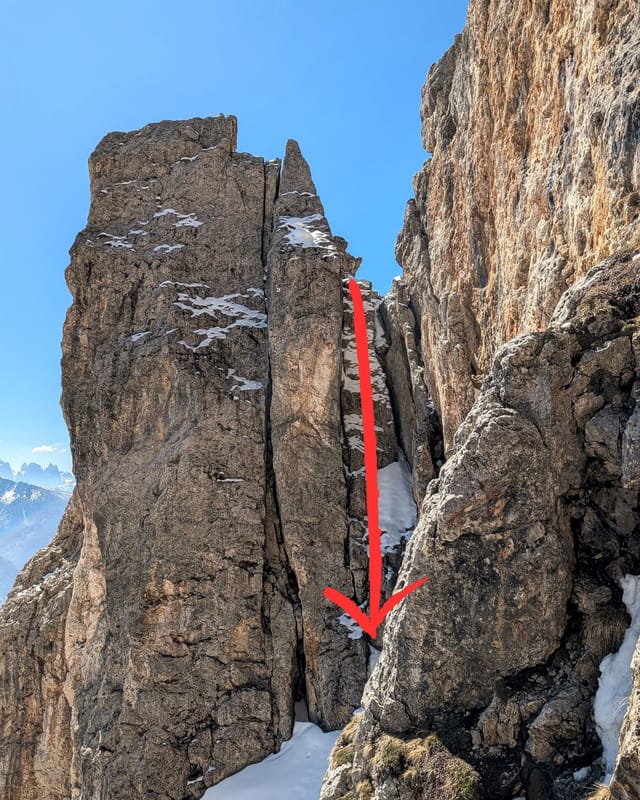 Rappel shortcut line viewed from below near the approach ferrata.
