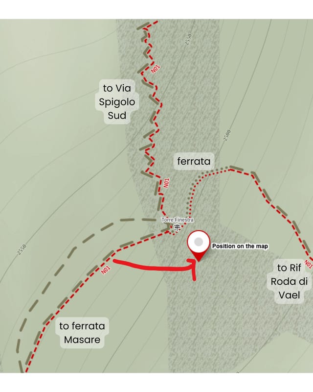 Annotated map-style view showing directions to the rappel shortcut.