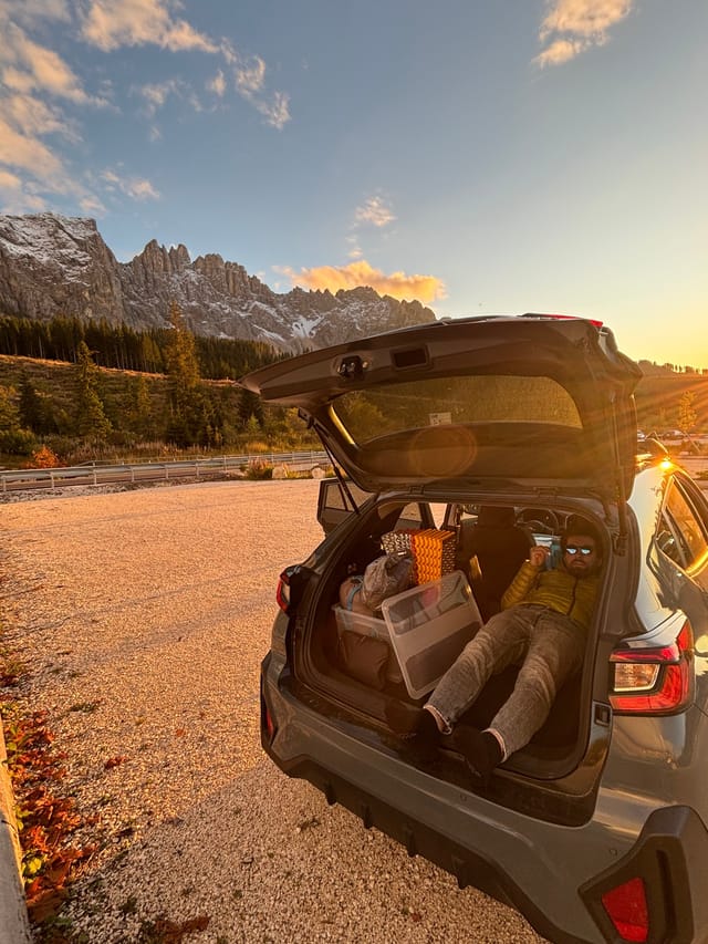 Testing the car-camping setup at Carezza Pass
