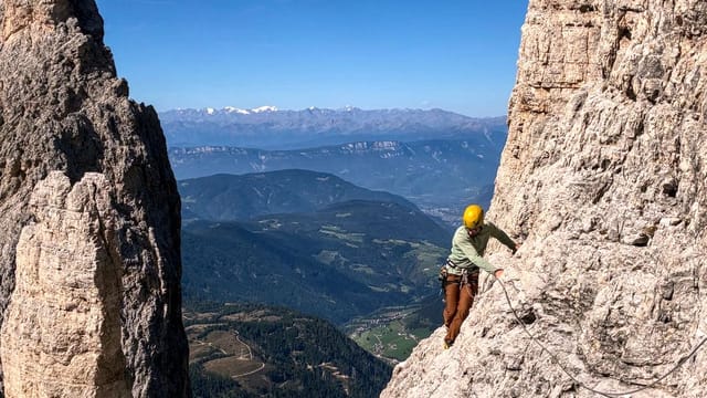 David climbing Via Fehrmann on the Vajolet Towers