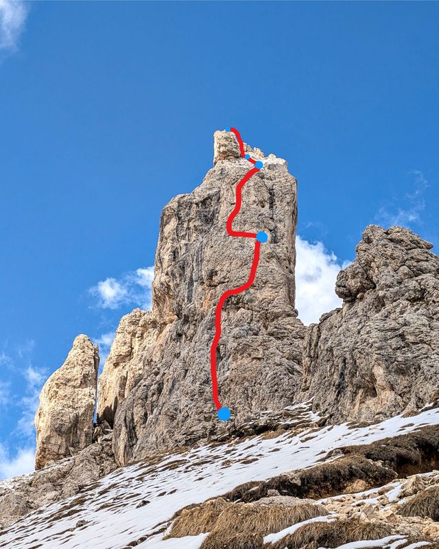 Annotation of the Via Spigolo Sud route on Torre Finestra.